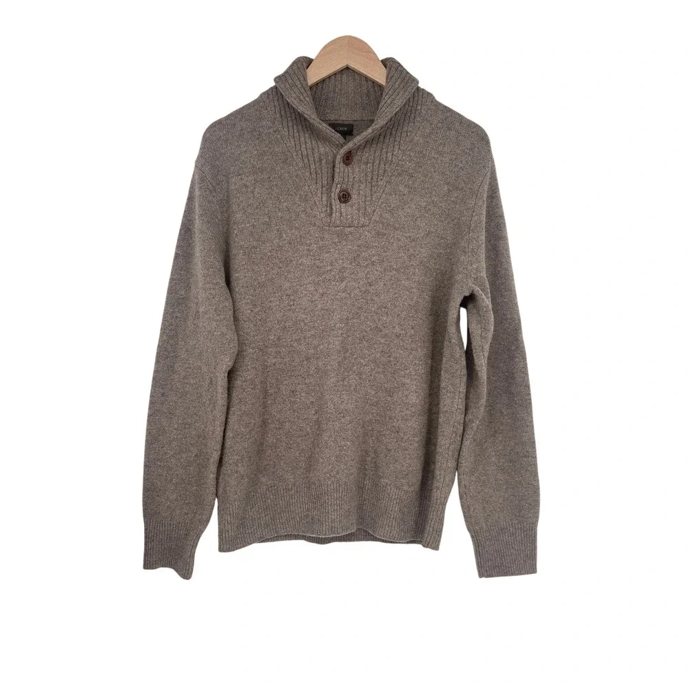 J.Crew Men's Shawl Collar Lambswool Pullover Sweater Brown Button Size Medium‎